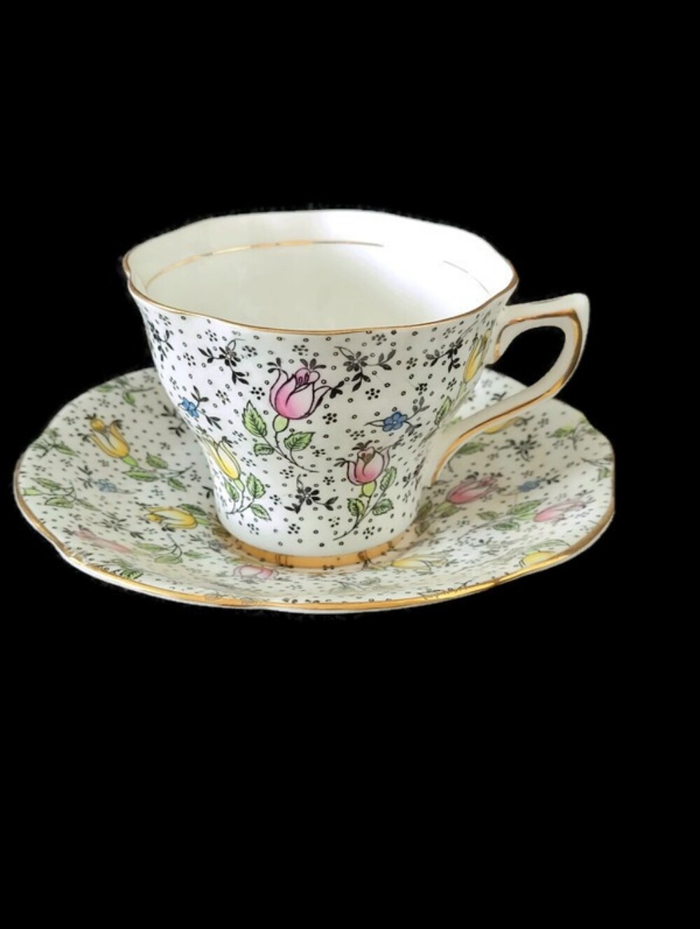 Vintage Rosine Made In England Floral Teacup and Saucer Set 50's - 60's
